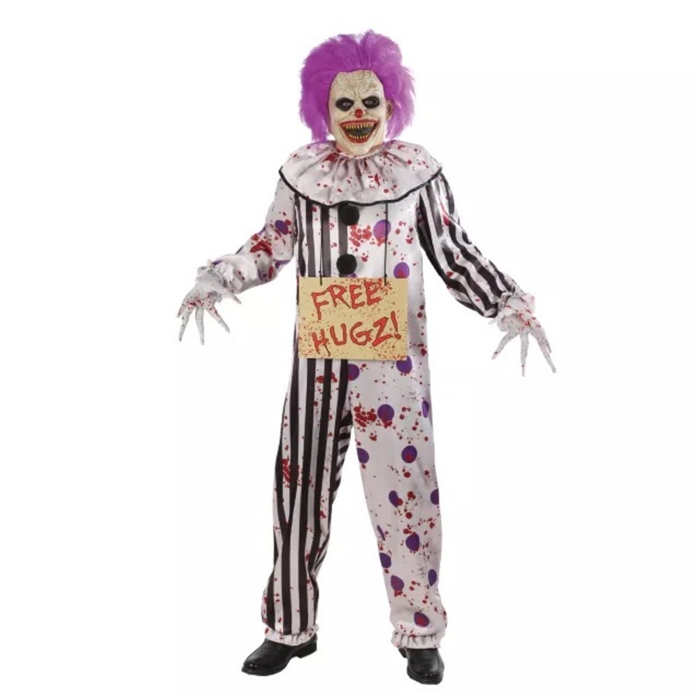 Purple Hair Bloody Clown Adult Unisex Costume - Free Hugz Sign SMALL